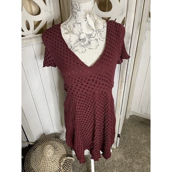 Madewell Burgundy Polka Dot Button Front Swing Dress Flows Size 10 Deep V - Picture 1 of 7